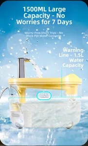 Detail view of 1.5L automatic pet water fountain with transparent tank and pump
