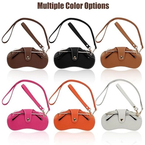 Detail view of portable leather sunglasses pouches in six colors with lanyards and snaps