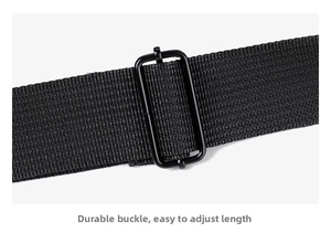 Detail of adjustable laptop bag shoulder strap with matte black metal buckle and nylon webbing