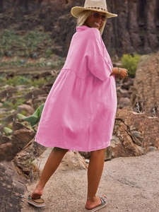 Pink cotton linen polo shirt dress in loose fit for a casual summer holiday look