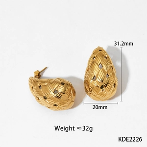 Detailed size view of gold teardrop earrings with woven texture and 31.2mm height