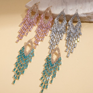 Elegant geometric rhombus tassel earrings with colorful zircons and silver needle pins