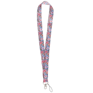 Pink and blue floral polyester phone lanyard with silver metal clip on white background