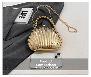 Detail showing the golden shell clutch bag texture with pearl handle and chain strap