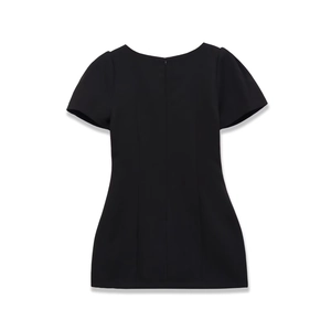 Back view of slim fit black mini dress featuring pleated details and hidden zipper