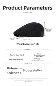 Detailed size specifications and wool blend material parameters for newsboy flat cap