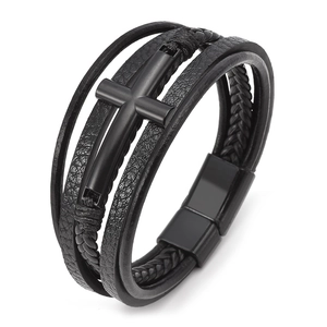 Men's multilayer black braided leather bracelet with metal cross and magnetic clasp