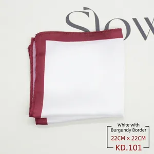Detail of white silk pocket square with burgundy rolled edges measuring 22cm x 22cm