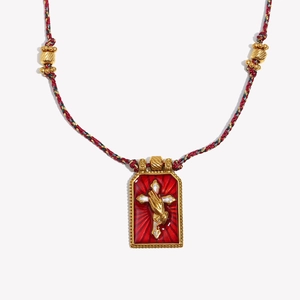 18K gold plated stainless steel tarot cross necklace with red enamel and braided rope