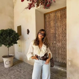 Women French Style Chiffon Blouse V Neck Ruffle Trim Lace Up Long Sleeve Solid Color Elegant Sweet Top