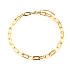 Golden paperclip chain necklace with 18KGP tag and lobster clasp on white background