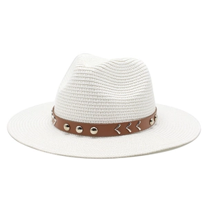 Foldable white woven western cowboy hat with brown studded faux leather band and metal v-accents