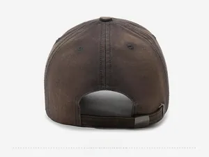 Detailed back view of dark brown baseball cap featuring adjustable metal buckle and stitching