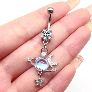 Star and moon belly button ring with opal center stone and cubic zirconia in silver steel