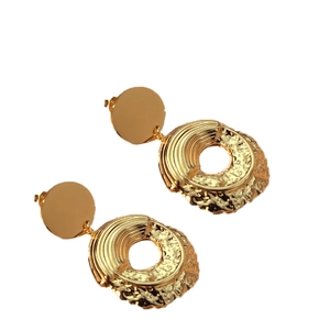 Vintage gold-plated stainless steel geometric round drop earrings with textured surface