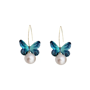 Elegant butterfly pearl drop earrings with blue gradient wings and gold hooks