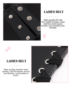 Detail of black PU leather corset belt featuring silver metal eyelets and lacing