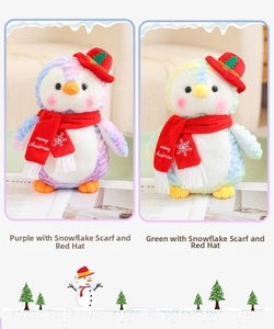 Close-up of plush Christmas penguin toys with Merry Christmas scarves and colorful tie-dye fur