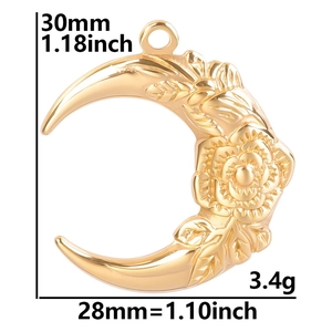 Gold moon pendant with rose engraving, 30mm x 28mm stainless steel jewelry accessory