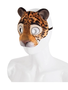 Close-up of leopard plush mask showing realistic fur texture and elastic head strap