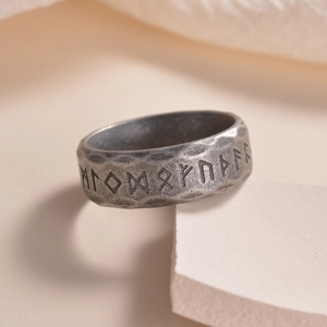 Vintage Nordic Viking Rune ring in retro titanium steel with a hammered metal texture