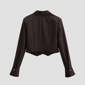 Women's black pinstripe cropped blazer with shoulder pads and a sharp pointed back hem