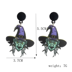 Detailed dimensions of Halloween witch earrings with purple hat and green face