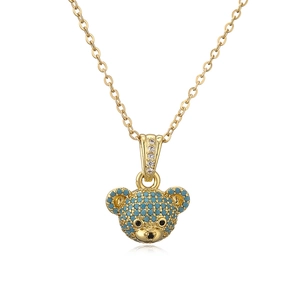 Gold plated bear pendant necklace with pave turquoise blue stones and zircon accents