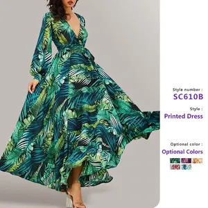 Robe Maxi À Manches Lanternes Col En V Polyester Taille Haute Imprimé Tropical Feuilles De Palmier Fleur Boho Vacances
