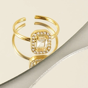 18k gold plated stainless steel open ring with rectangular gemstone and pavé diamonds