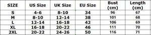 Größentabelle für Neckholder-Bluse mit Fledermausärmeln und Maßen für US, UK und EU