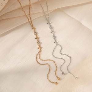 Y-shaped long tassel necklace with zircon star pendants in gold and silver finishes