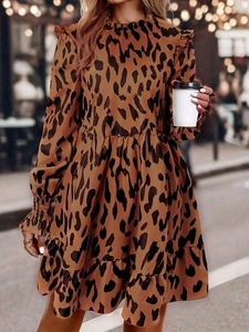 Abito Midi Stampa Leopardata Maniche Lunghe Collo Con Volant Polsino Elastico Poliestere Spandex Elegante Casual Donna