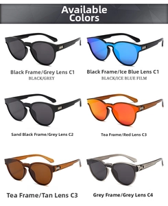 Detailed catalog showing six lightweight polarized sunglasses in various colors and lens tints