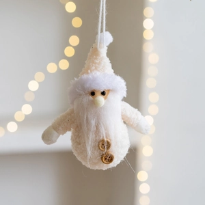 Plush cream-colored Santa Claus hanging ornament with faux fur beard and wooden buttons