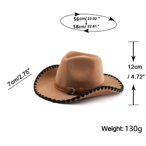 Detailed view of brown western cowboy hat with stitched brim and metal ring buckle
