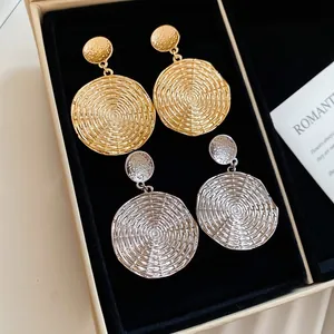 Vintage Geometric Round Drop Earrings With 925 Sterling Silver Earring Post Spiral Texture Metallic Statement For Women