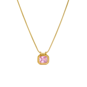 Retro geometric gold necklace with an octagonal pink zircon pendant on a snake chain