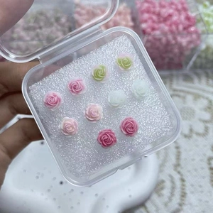 Elegant resin rose flower stud earring set in pastel pink and green colors