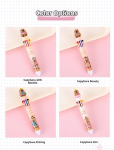 Detail view of four cute Capybara theme 10-color ballpoint pens with 3D animal toppers