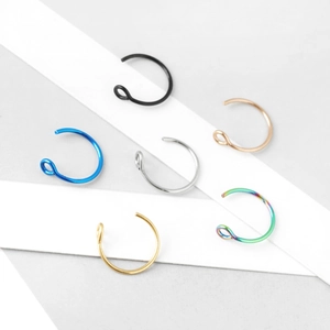 Set of six colorful stainless steel C-shaped nose hoops and ear cartilage rings