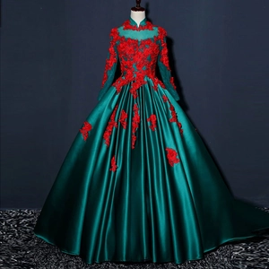 Robe De Soirée Élégante Manches Longues Col Haut Satin Broderie Florale Dos Nu Lacets Fête Formelle Mariage Bal
