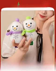 Detail of plush snowman charms with embroidered snowflakes and colorful knit scarves