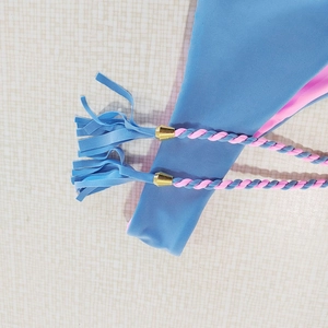 Detail of blue and pink bikini with braided ties, tassels and gold metal hardware