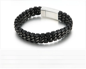 Detail of black leather braided bracelet with magnetic buckle and 230mm x 15mm dimensions