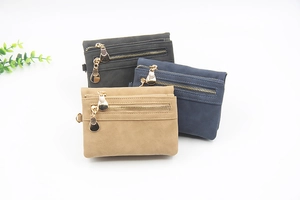 Three frosted PU leather wallets in black, blue, and beige with double metal zippers