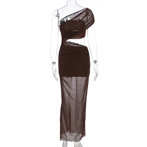 Detail of dark brown one-shoulder mesh dress with elegant pleats and waist cutout