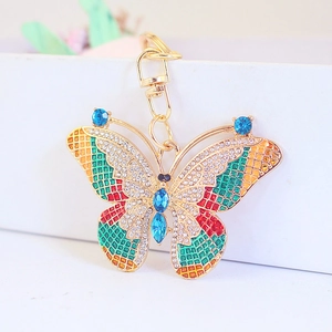 Colorful butterfly keychain with rhinestones and enamel on a gold metal lobster clasp