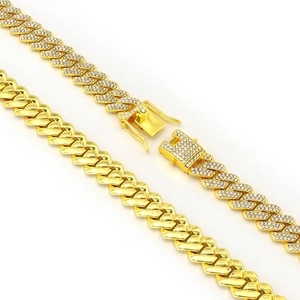 13.8mm golden Cuban Link necklace with iced out diamonds and secure dragon hook clasp
