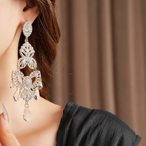 Close-up of silver waterdrop tassel earring with sparkling crystals on a model